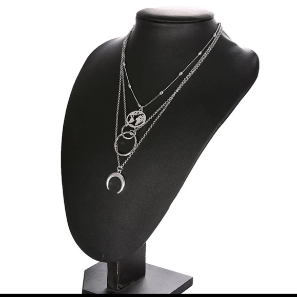 NEW Silver Boho Trendy Choker Multilayer Earth Map Circle Horn Pendant Necklace - Picture 12 of 16